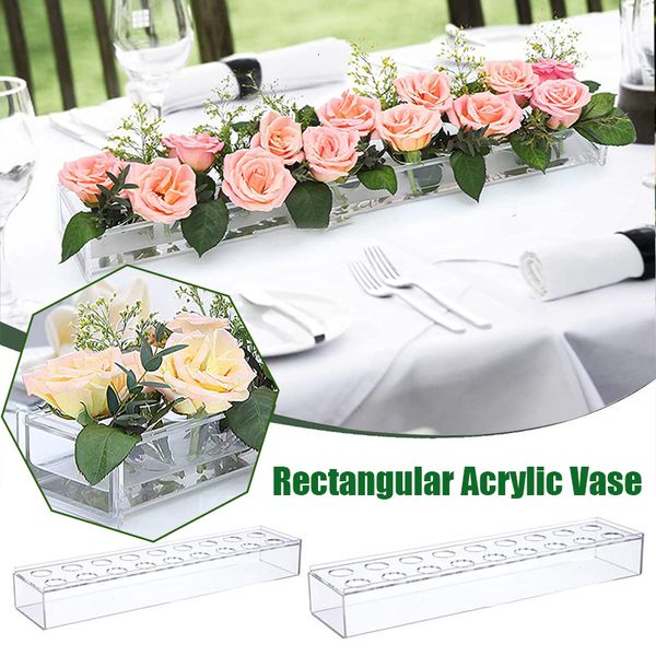 Vasos 10-24 buracos vaso de flor de acrílico transparente retangular para mesa de jantar decoração de casamento caixa de presente rosa decoração de casa 230617
