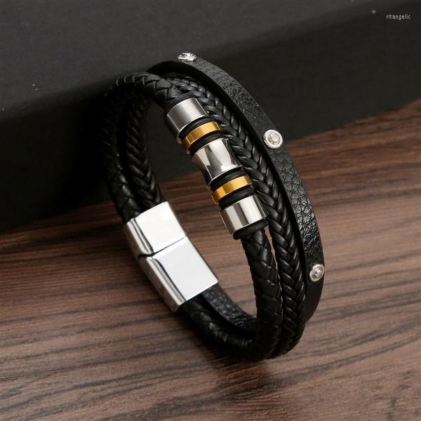 Charm Bracelets Jiayiqi 2023 Fashion Rivet Multilayer Leather Bracelet Gothic Rock Beads Bangle For Men's Hand Jewelry