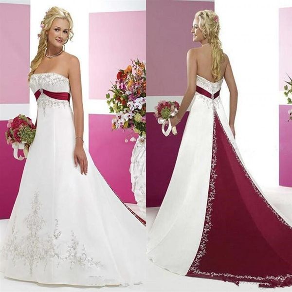 Abiti da sposa vintage bordeaux e bianchi 2021 Retro senza spalline Ricamo Sweep Train Pizzo Macchia Abiti da sposa gotici Plus Size240F