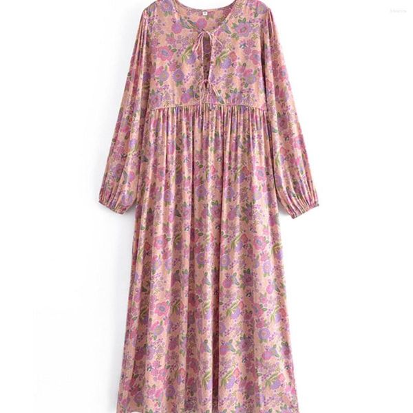 Abiti casual Rayon Cotton Summer Sundress Long Sleeve Pink Floral Print Nappa Cintura Beach Bohemian Maxi Dress Ladies