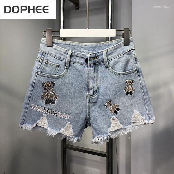 Calças de brim das mulheres strass dos desenhos animados urso remendo mulheres denim shorts 2023 verão all-match net vermelho rasgado jean perna larga estudantes