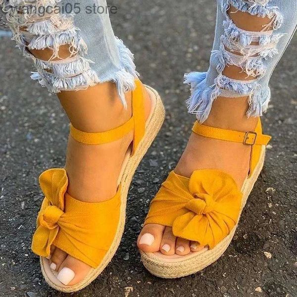 Sandálias BRKWLYZ 2021 Mulheres Sandálias Casuais Sapatos de Verão Hemp Flats Plataforma Senhoras Bowknot Fivela Alça Moda Mulher Novo Peep Toe Feminino T230619