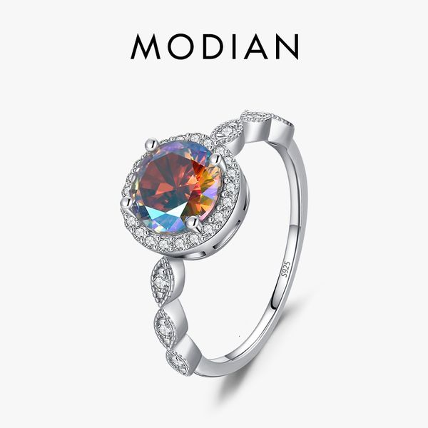 Anel Solitaire Modian Real 925 Silver Sterling Color Rainbow Zircon Sparkling Round CZ Finger Ring For Women Wedding Fine Jewelry Party Gift 230617