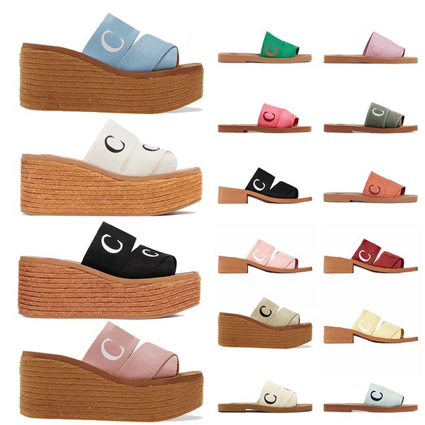 Toptan Lüks Kadın Tasarımcısı Woody Sandals Espadrille Kama Platformu Sliders Nakışlı Keten Yüksek Topuk Düz Mule Loafers Ayakkabı Terlik pembe Beyaz Siyah