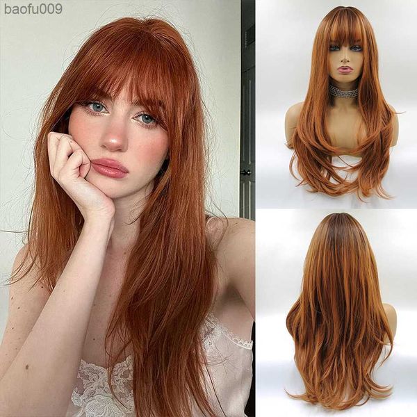 Peruca longa marrom com franja cabelo sintético natural perucas onduladas para mulheres festa diária peruca cosplay fibra resistente ao calor moda perucas L230520