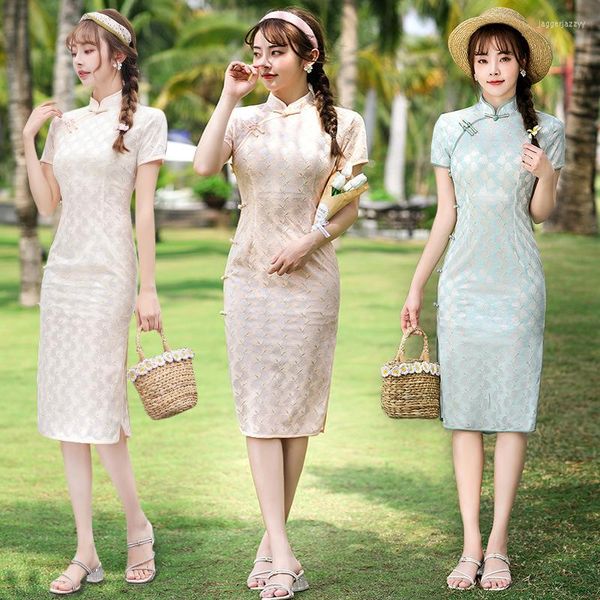 Roupas étnicas manga curta rendas verão feminino qipao chinês tradicional senhora vestido de festa feminino elegante bordado sexy cheongsam