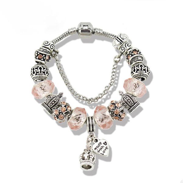 Charm-Armband-Set mit Kronen-Anhänger für 925 versilberte Schlangenketten-Armbänder für Frauen, rote, rosa, blaue Perlen, Charms, Luxus-Armband mit Originalverpackung