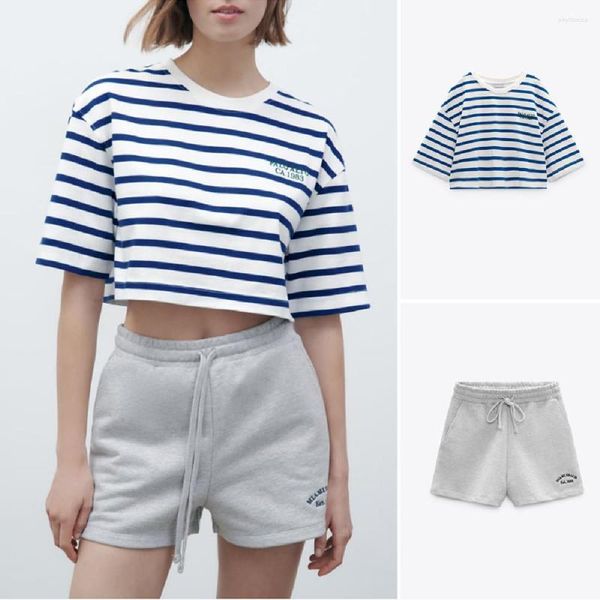 Женские спортивные костюмы Cos LRIS 2023 Summer Fashion Printed Stripe Temprament Короткие футболки фланелевые шорты свободные повседневные 4174342 3199309