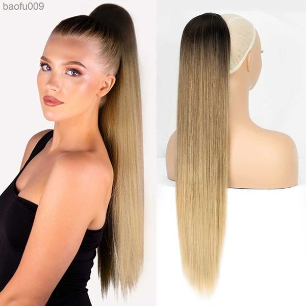 MONIXI Sintetico Ombre Coda di cavallo bionda Coda di cavallo lunga dritta con coulisse Capelli per le donne Parrucchino quotidiano nero naturale L230520