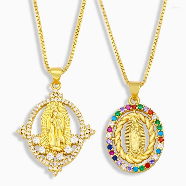 Colares com Pingente Moda Católico Virgem Maria Colar Para Mulheres Meninas Talismã Micro CZ Pedra Banhada A Ouro Jóias Nkeu97