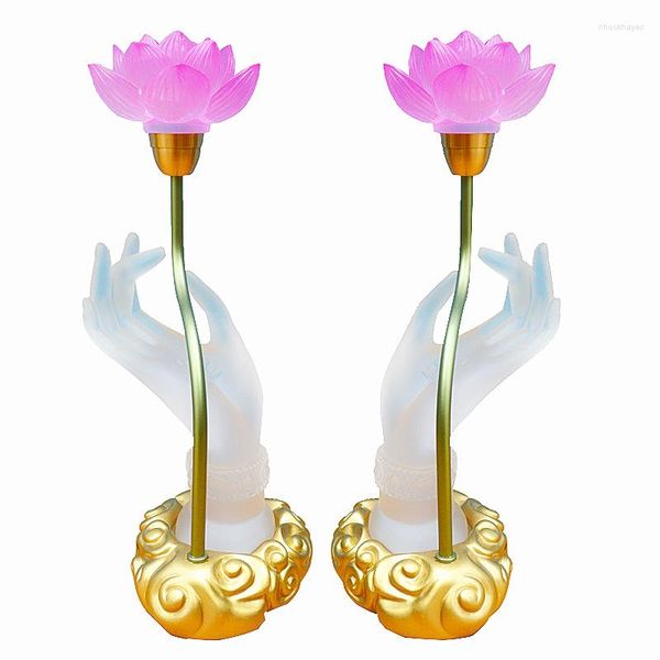 Candeeiros de mesa com 2 unidades criativas estilo zen, sete cores gradientes, resina, lâmpada Buda, um par de mãos com LED de lótus de cristal