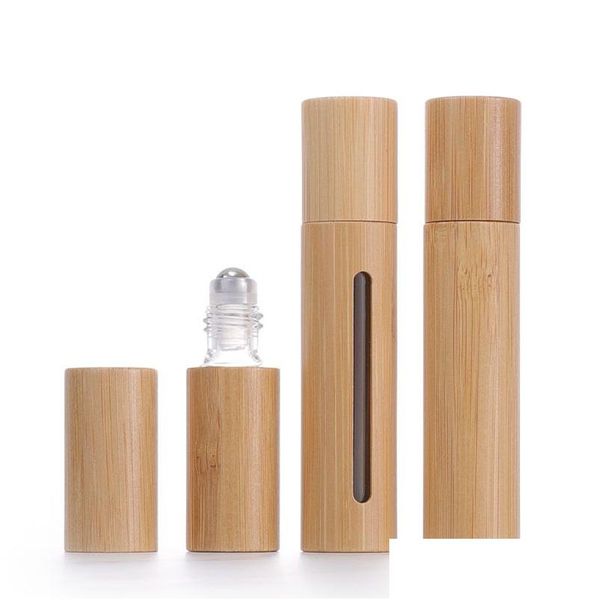 Garrafas de embalagem 5 ml Bamboo Roll On Garrafa Janela aberta Vidro criativo Óleo essencial Mini cosmético Engarrafamento vazio Embalagem por gota D Dheae