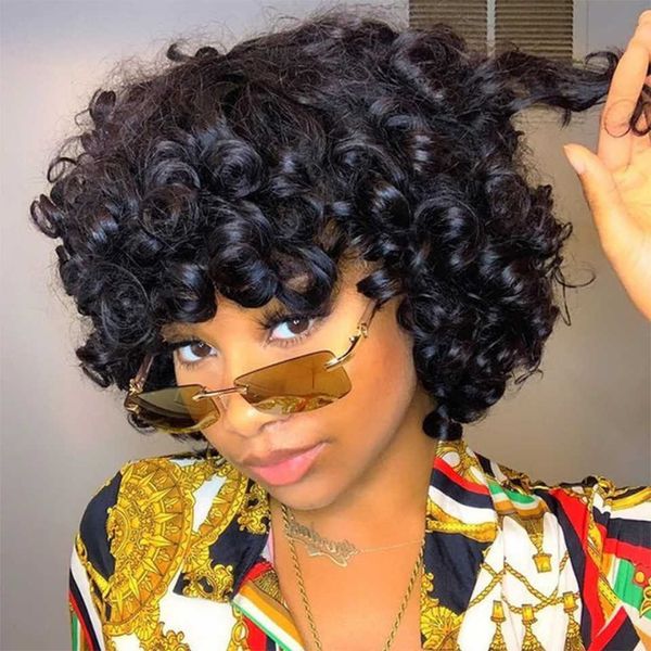 Nxy Hair Wigs Rose Curly Wig com franja Fumi Human Full Machine Made Deep Wave Short Bob for Black Women Water Virgin Brazilian Pixie Cut 230619