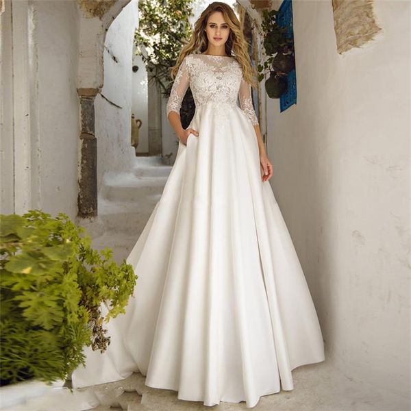 Spitze Viertelärmel A-Linie Brautkleider 2020 Einfache Hofschleppe Lange Brautkleider Modest Robe De Mariee Custom Plus Size2181