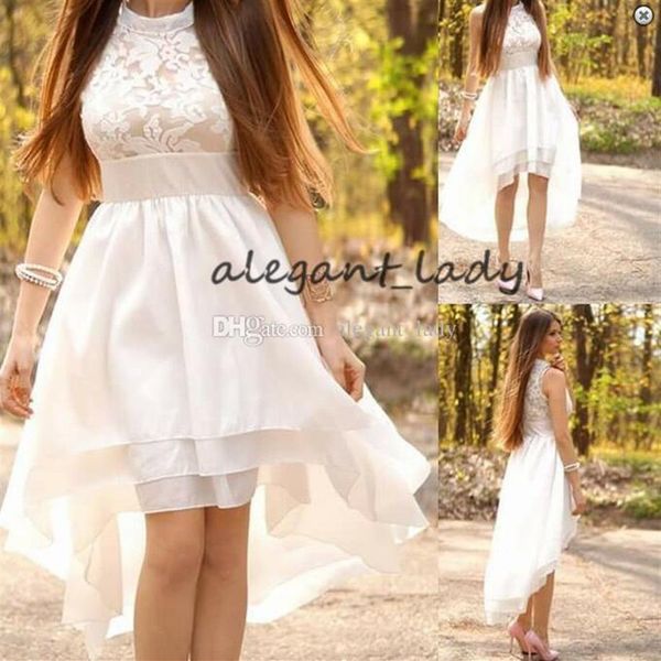 Abiti da sposa a trapezio da spiaggia alti e bassi Collo alto Gonna a strati in chiffon di pizzo Western Cowlgirl Country Short Wedding Nuziale informale D300Z