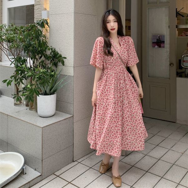 Abiti casual di base Coreano Unif Vintage Flower Women Abito da festa in chiffon Abbigliamento manica lunga svasata alla caviglia Lunghezza stampa rosa Spiaggia 230619