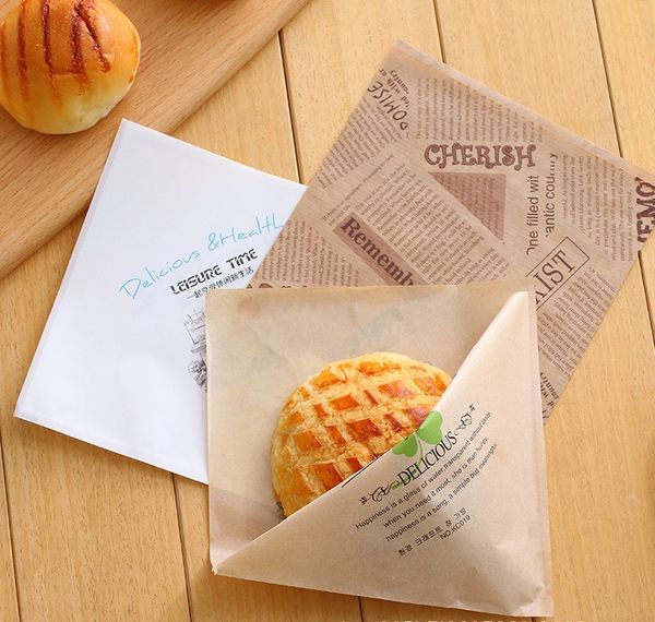 Geschenkpapier 100 Stück Lebensmittel fettdichte Papiertüte Dreieck Sand Donut Toast Braun Hand Hamburger Küchenzubehör Backen 230619