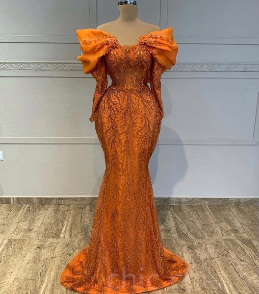 2023 Aso Ebi Orange Mermaid Prom Dress Perline Paillettes Pizzo Sera Festa formale Secondo ricevimento Compleanno Abiti da damigella d'onore Abiti Robe De Soiree ZJ423