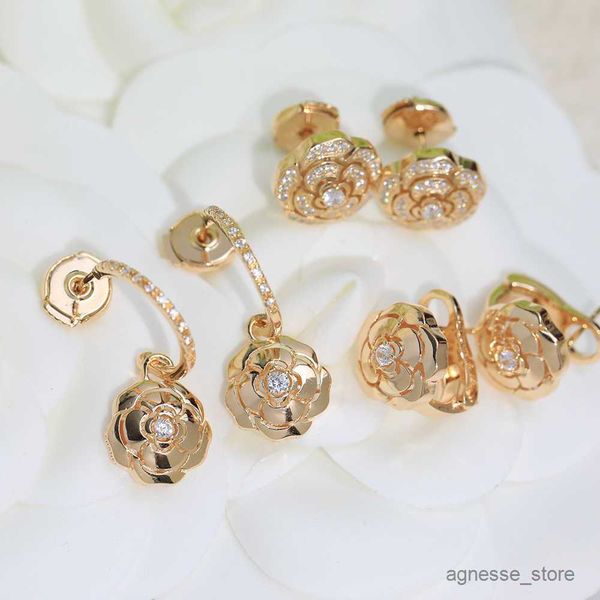 Stud New Fashion Jewelry S925 Sterling Silver Champagne Gold Camelia Rose Orecchini Elegant Lady Women's Ear R230619