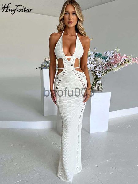 Lässige Kleider Hugcitar Häkeln Neckholder ärmellos rückenfrei solide aushöhlen Bandage Sexy schlankes Maxi-Abschlussballkleid 2022 Winter Festival Party Outfit J230619