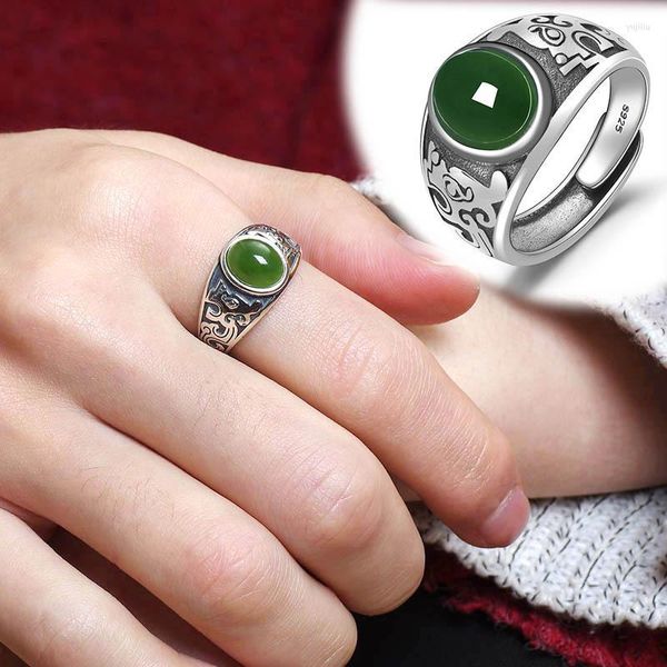 Anelli a grappolo Green Jade Gemsones Anello regolabile Gioielli di lusso Donne Vintage Talismani intagliato Charms 925 Silver Natural Gift cinese cinese