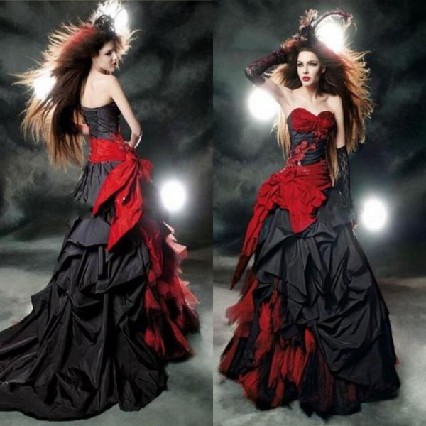 Vestidos de Noiva Gótico Preto E Vermelho 2019 Vintage Estilo Court Sweetheart Ruffle Tafetá Até o Chão Laço Grande Espartilho Sexy Noiva Go221g