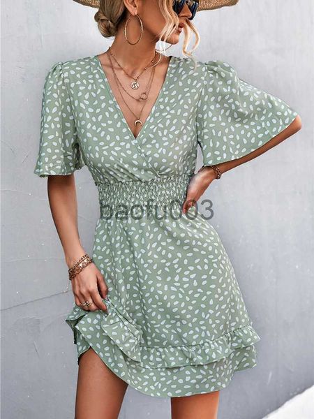 Casual Dresses Sexy V-Ausschnitt Minikleid für Frauen Fashion Floral Slim Short Kleider Weiblich Lotusblatt Ärmel Elegantes Kleid Sommer Vestido Mujer J230619