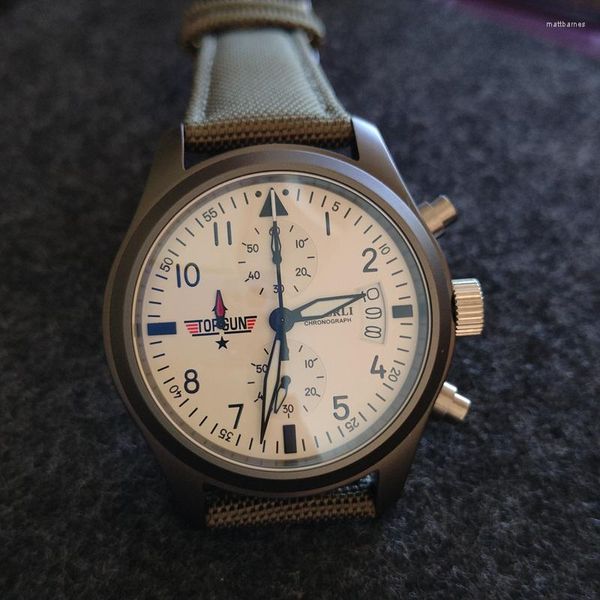 Armbanduhren Mode Grün Lederband Mann Uhren Schwarz Edelstahlgehäuse VK Chronograph Quarzuhr Sport Stil Junge Uhr A