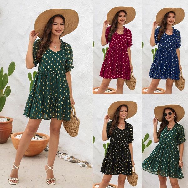 Abiti casual 2023 Cravatta Chiffon allentato Abito bohémien Polka Dot Foglia di loto Manica corta Viaggi per le vacanze primaverili ed estive