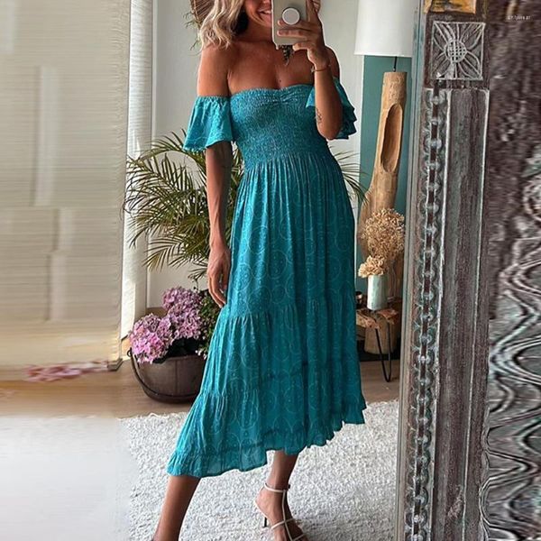 Lässige Kleider Urlaub Boho Maxi Kleid Frauen Schulterfrei Rückenfrei Aufflackernärmel Blumendruck Hohe Taille Party Damen Swing Vestidos