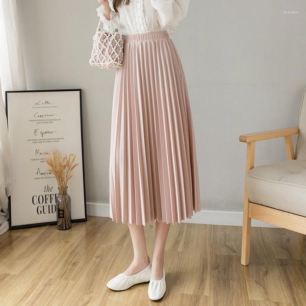 Röcke Rock Sommer 2023 Elegante Solide Plissee frauen Hohe Taille A-Line Casual Büro Dame Beige Midi Korea Stil Kleidung