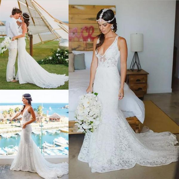 Abiti da sposa in pizzo stile country guaina 2019 scollo a V spiaggia Boho abiti da sposa sirena abiti da sposa all'aperto senza schienale personalizzati Vestid3371