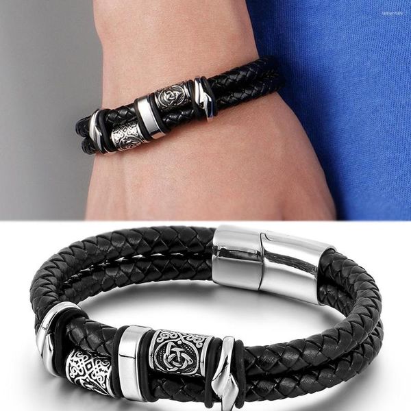 Charm Bracelets Aço Inoxidável Pulseira de Couro Masculino Niche Design Jóias Padrão Titânio Gravado à Mão Tecido Para
