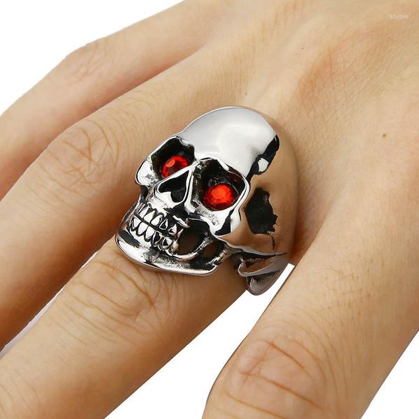 Cluster Rings Masculino Solid Skull Ring Gothic Punk Biker Rider Red/Blue Eyes Vintage Steel Inoxidável Skeleton Finger Band Men Jóias