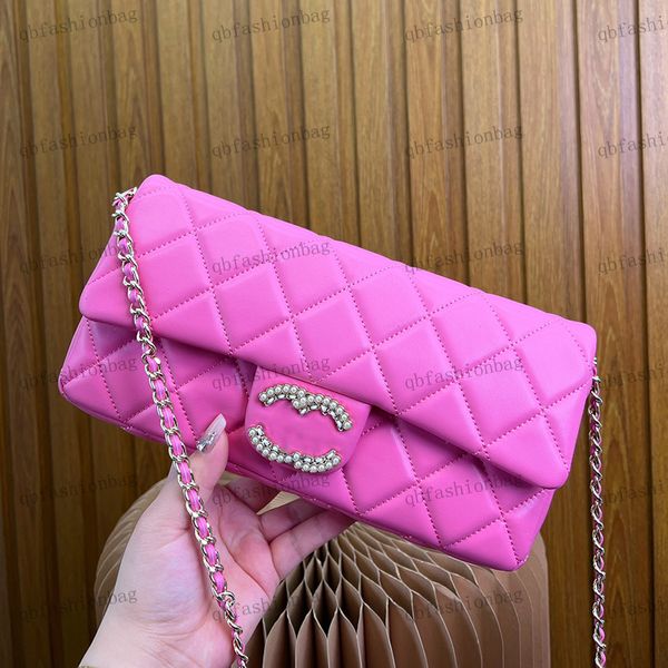 Borsa a tracolla da donna di design con patta trapuntata con diamanti Borsa a busta con fibbia in perle Borsa a tracolla con catena Matelasse Borsa a tracolla di grande capacità Borsa casual Borse per caviale 25x13 cm