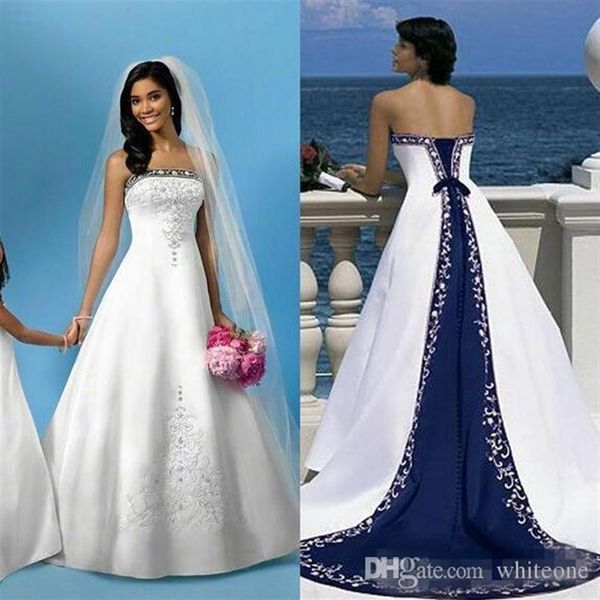 Vintage branco e azul cetim praia vestidos de casamento sem alças bordado capela trem espartilho feito sob encomenda vestidos de casamento nupcial para c246t