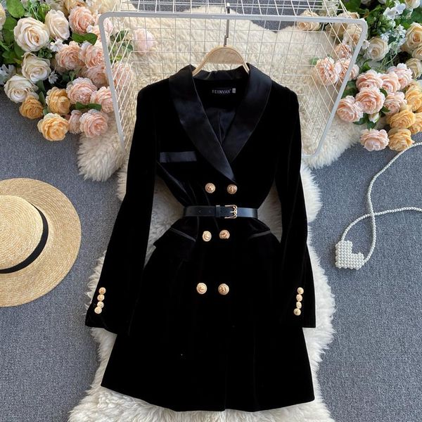 Casual Kleider Britischen Stil Kleid Tailored Kragen Zweireiher Samt Schwarz Weibliche Lange Hülse Vestidos Frauen Kleidung Drop