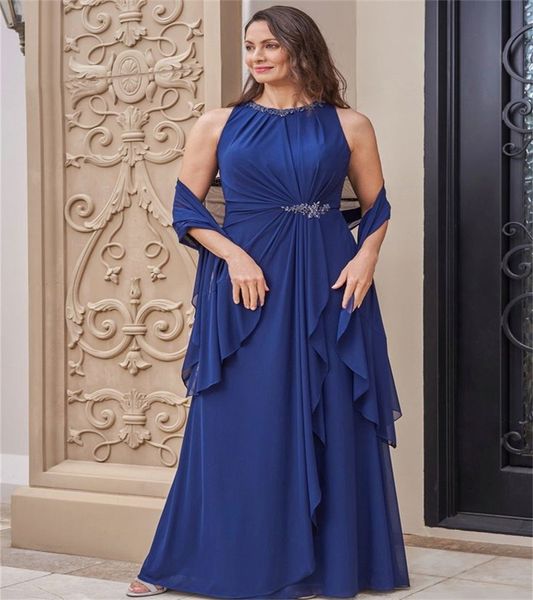 Elegante vestido azul royal mãe da noiva com envoltório modesto comprimento até o chão chiffon longo vestido de convidado de casamento frisado mãe noite formal vestidos de festa 2023