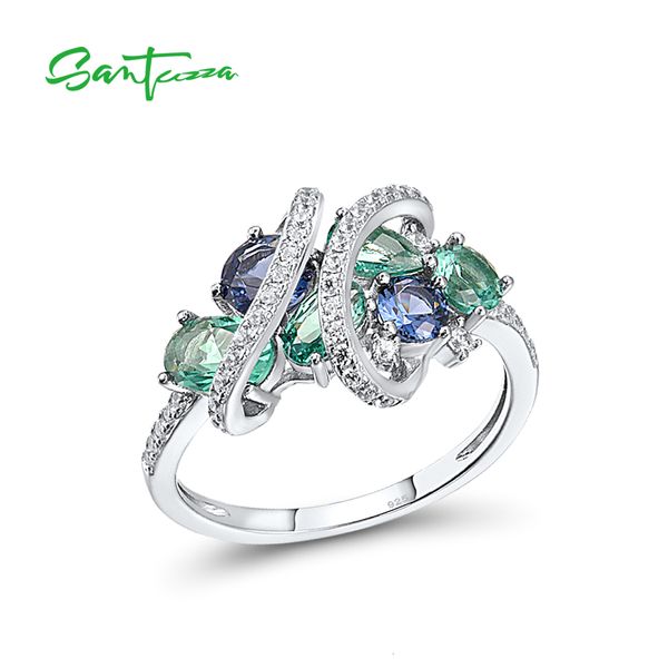 Кольцо для пасьянса Santuzza 925 Серебряные кольца для женщин для женщин зеленый синий шпинель белый Cz Gemstone Оригинальные свадебные подарки Anillos Fine Jewelry 230617
