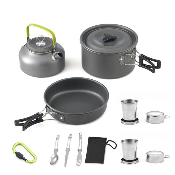 Camp Kitchen Outdoor Töpfe Pfannen Camping Kochgeschirr Picknick Kochset Antihaft-Geschirr mit faltbarem Löffel Gabel Messer Wasserkocher Tasse 230617