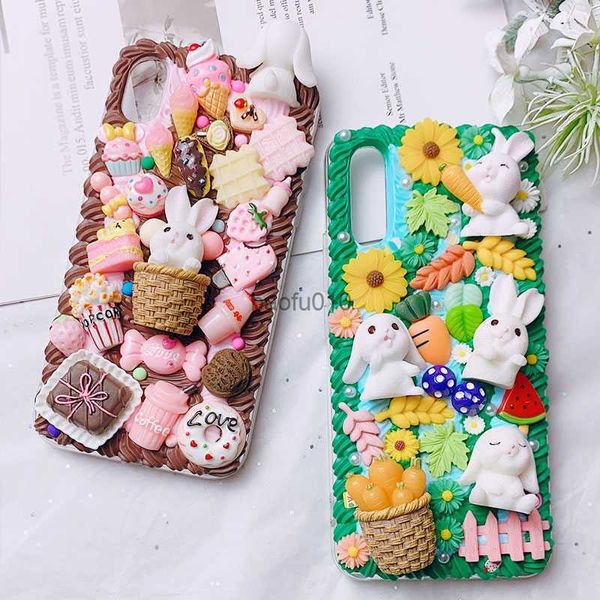 Handgefertigte Hülle für iPhone 12/11 Pro süßes Kaninchen-Telefoncover ipXR XS MAX für iPhone 7/8 plus 3D Candy Food DIY cremefarbene Schale SE 2020L230619