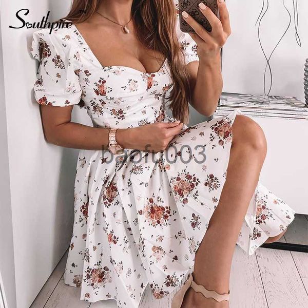 Vestidos casuais Southpire Bohe Vestidos brancos com estampa de flores manga curta bufante com zíper Mini vestido de verão elegante vestido de verão roupas femininas J230619