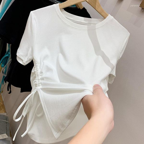 T-shirt a maniche lunghe con coulisse in cotone design abiti casual per donna 2023 vestiti a metà top di nicchia irregolari estivi