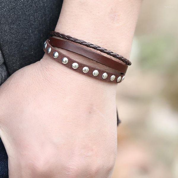 Link-Armbänder, braunes Herren-Lederarmband, mehrschichtiges Armband, Schnappverschluss, rutschfest, manuell, geflochten, ausziehbar, Jungen-Dekoration, reif