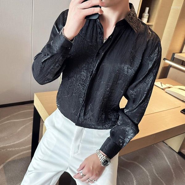 Camisa social masculina Ice Thin Personalizada Gradiente Camisa masculina floral de manga comprida Design plissado Fashion Streetwear Social Smoking Blusa