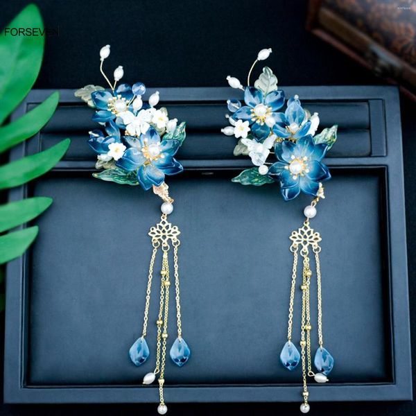 Haarspangen Blaue Blume Haarnadeln Seite Retro Chinesische Mode Fransen Schmuck Lange Quaste Anhänger Kopfschmuck Für Frauen Mädchen Hanfu Kleid