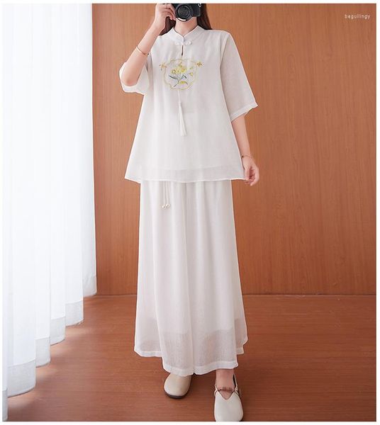 Abbigliamento etnico 2023 Estate stile cinese retrò Hanfu Zen ricamato colletto in piedi Cheongsam Tang Suit Art Dress Top pantaloni