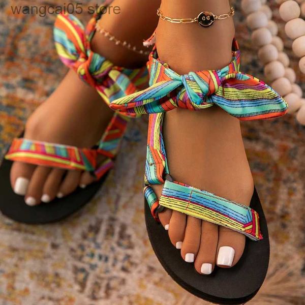 Sandali Nuove donne Sandali Color Flat Casual Lace Up Bow Shoes per le signore Summer Fashion 2023 Outdoor Leopard Beach Footwear Plus Size 43 T230619