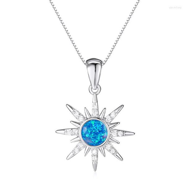 Anhänger Halsketten Blauer Feueropal Runder Stein Halskette Mode Schneeflocke Rose Gold Silber Farbe Kette Für Frauen Schmuck