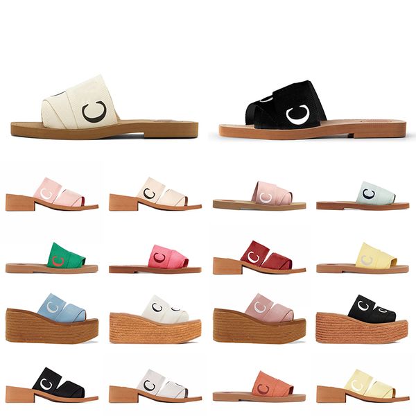 Sandálias de linho bordadas Woody Flat Mule Designer feminino famoso Coach Chinelos Branco Preto Salto alto plataforma Woodys Espadrille Wedge Slides Mocassins Sliders